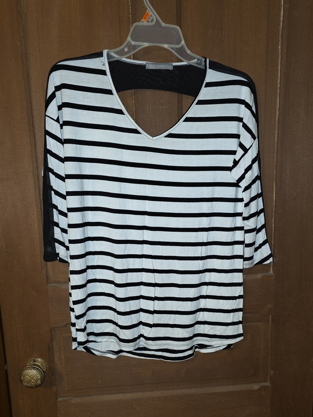 Loveappella Black and White Striped V-Neck Top